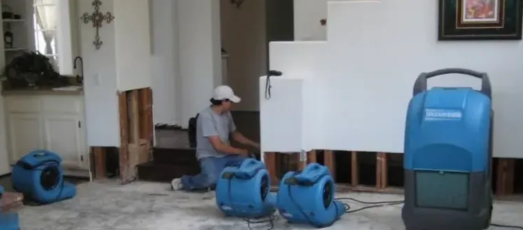 Technician setting air movers beside a dehumidifier in a water-damaged Auburn home