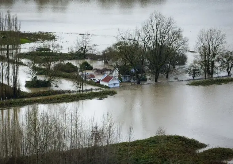 Floodwater spreading across a river valley in Western Washington