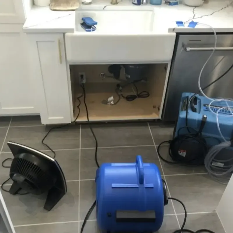 Air movers drying under a kitchen sink cabinet after an appliance line leak