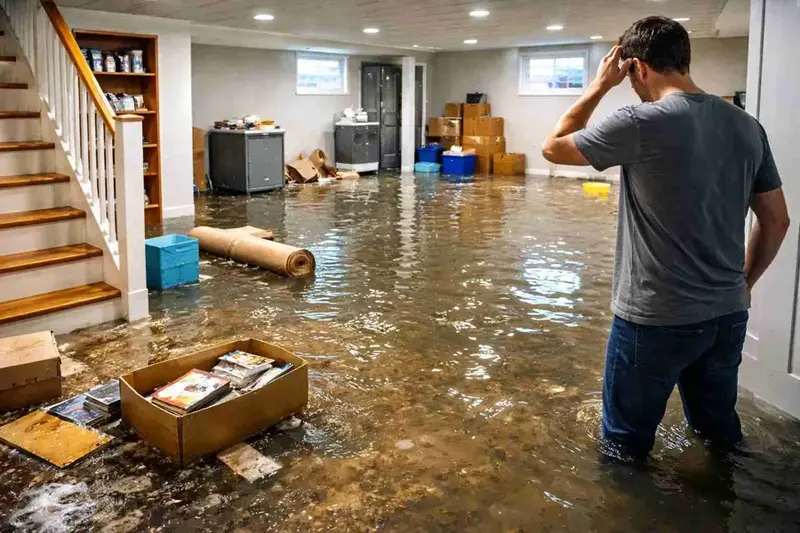 Homeowner standing in a flooded finished basement in Auburn, WA
