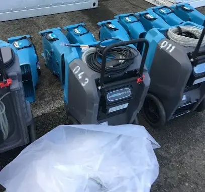 Rows of air movers and LGR dehumidifiers staged for a large commercial dry-out