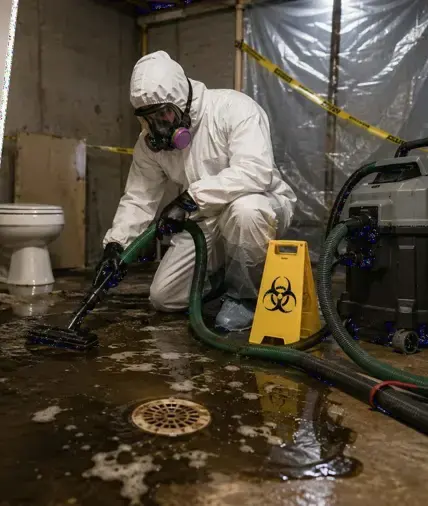 Worker in a protective suit extracting a sewage backup around a basement floor drain