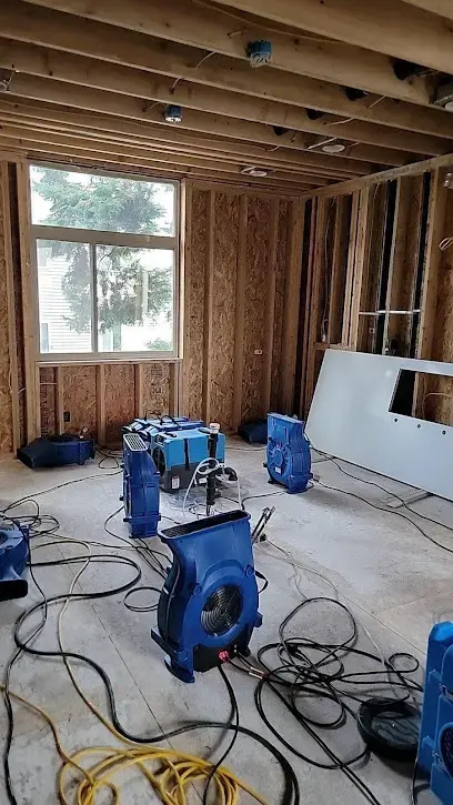 Air movers set across a gutted room during structural drying in Auburn